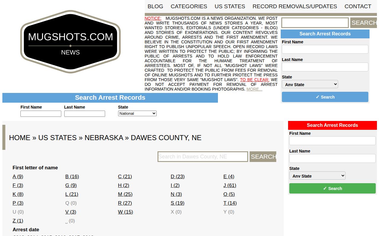 Dawes County unofficial mugshot-source page for context only